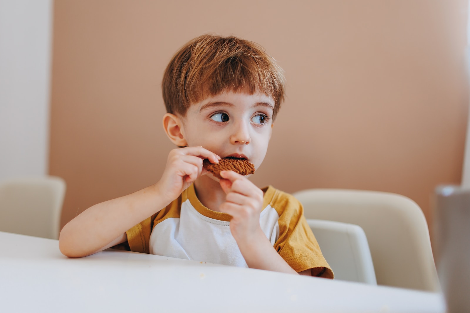 a young boy sitting at a table eating a chocolate donut